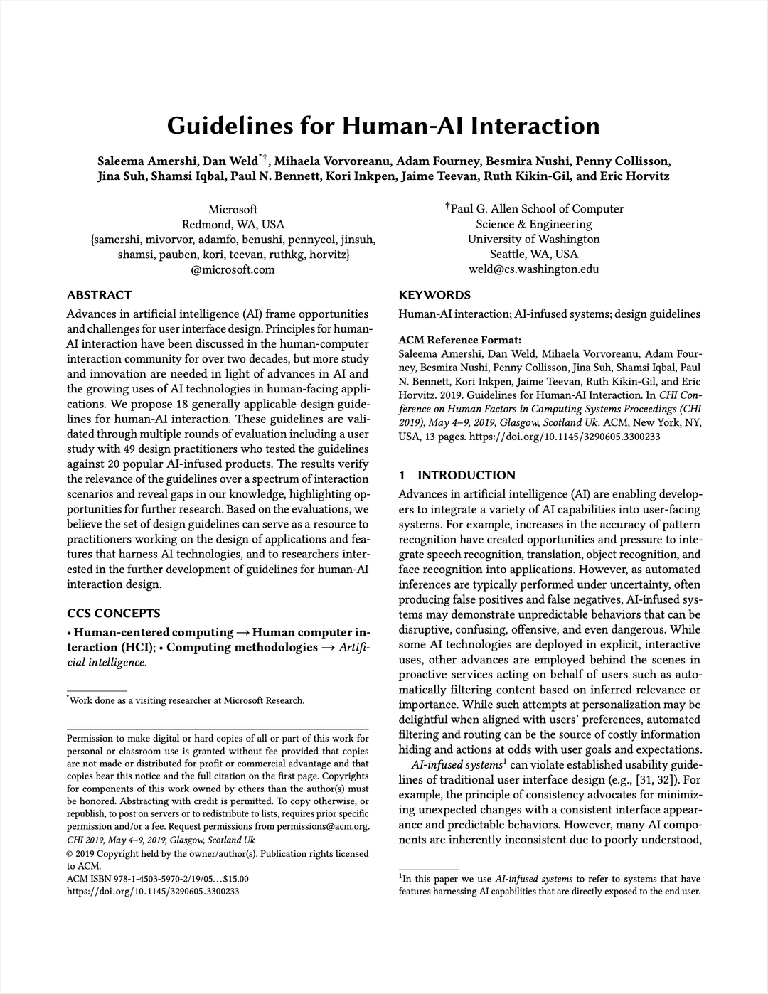 Guidelines for Human-AI Interaction