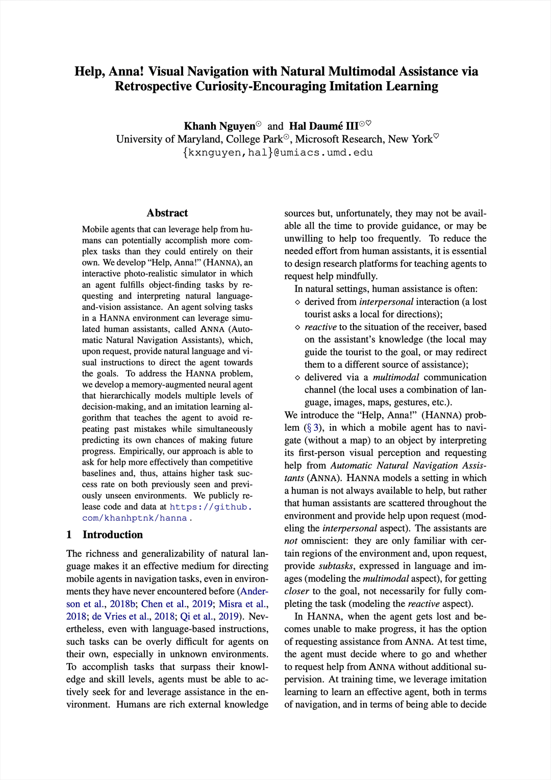 Help, Anna! Visual Navigation with Natural Multimodal Assistance via Retrospective Curiosity-Encouraging Imitation Learning