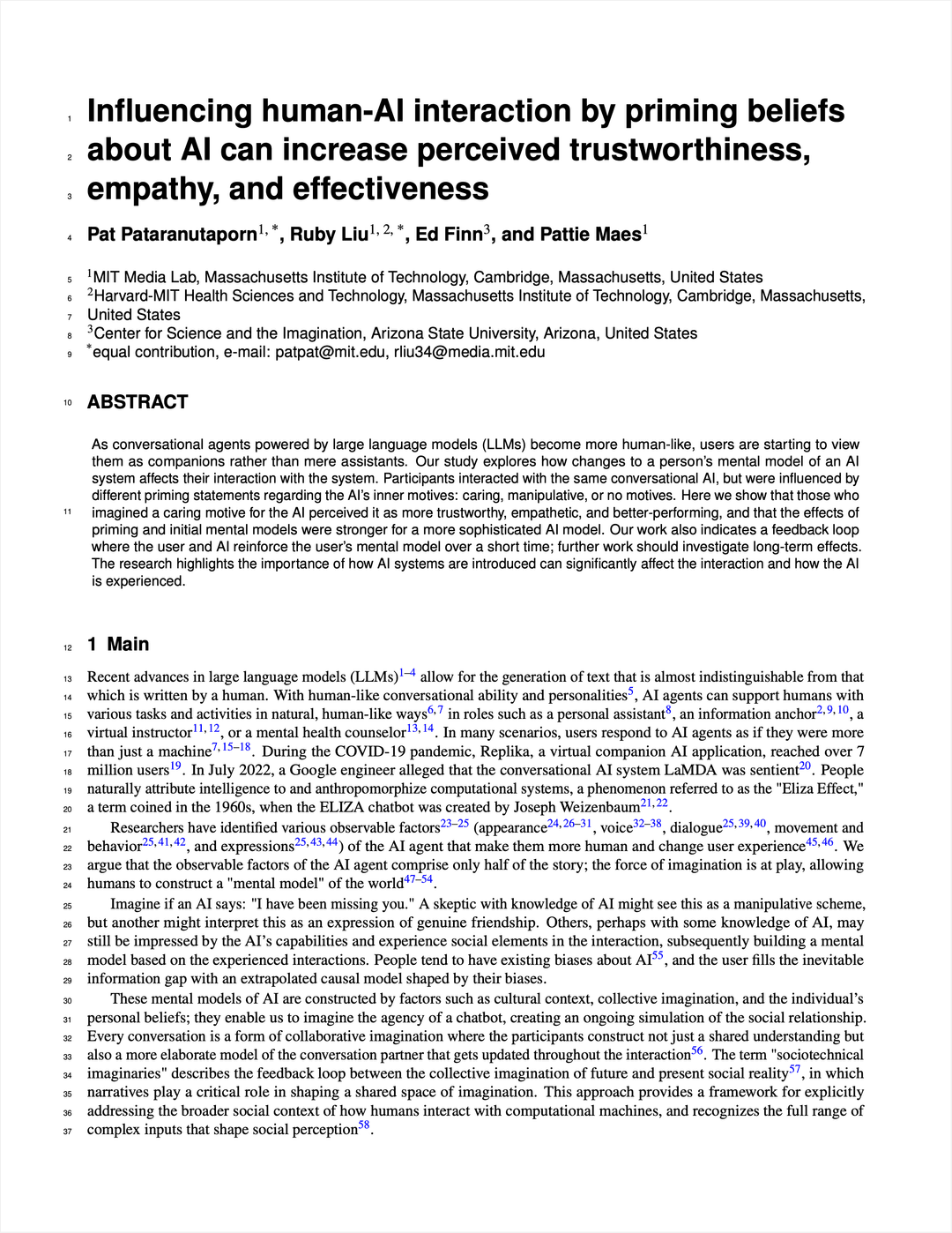 Influencing human–AI interaction by priming beliefs about AI can increase perceived trustworthiness, empathy and effectiveness