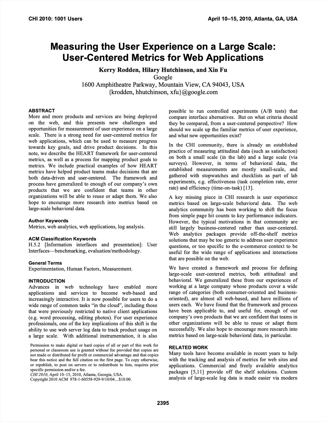 Measuring the User Experience on a Large Scale: User-Centered Metrics for Web Applications