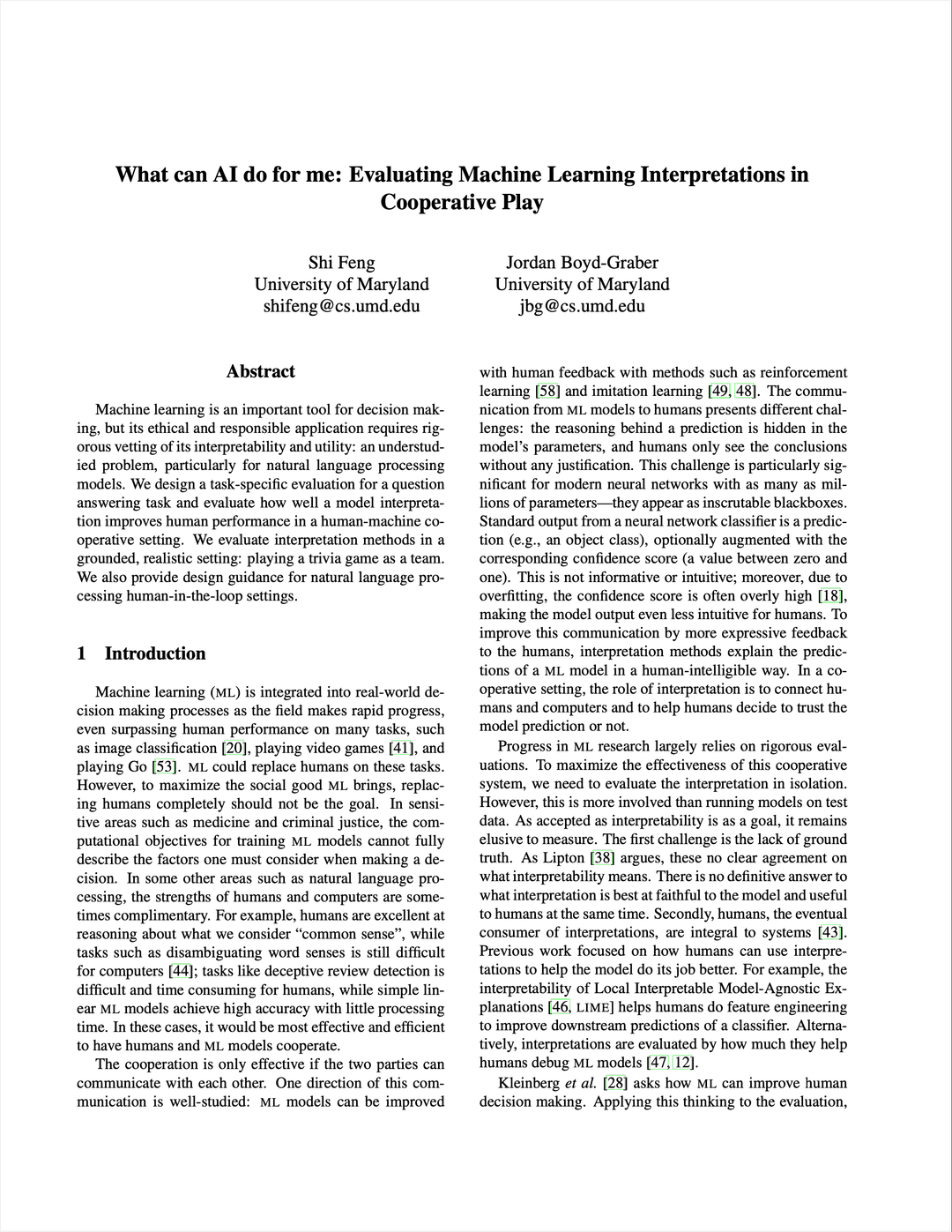 What can AI do for me: Evaluating Machine Learning Interpretations in Cooperative Play